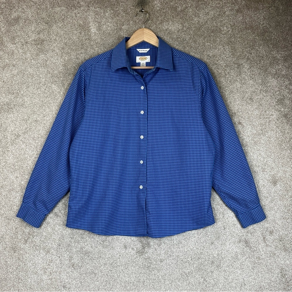 Talbots Shirt Womens 14 Petite Blue Houndstooth Long Sleeve Button Front- 4254